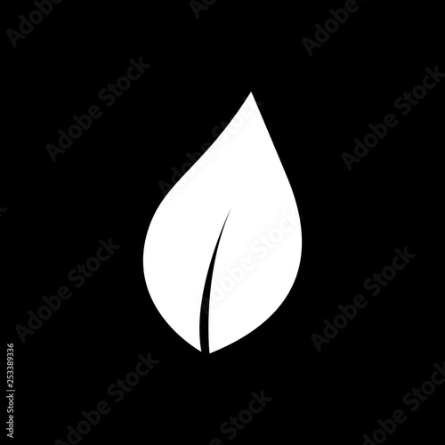 Flat monochrome leaf symbol for web sites and apps. Minimal simple black and white leaf symbol. Isolated vector white leaf symbol on black background.