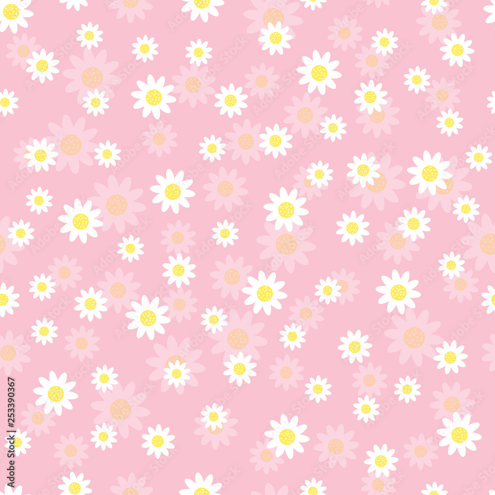 Daisies irregularly arranged on a red background. White flowers with shadows on pastel backdrop. Vector illustration of seamless repeating pattern. Cute design conception.