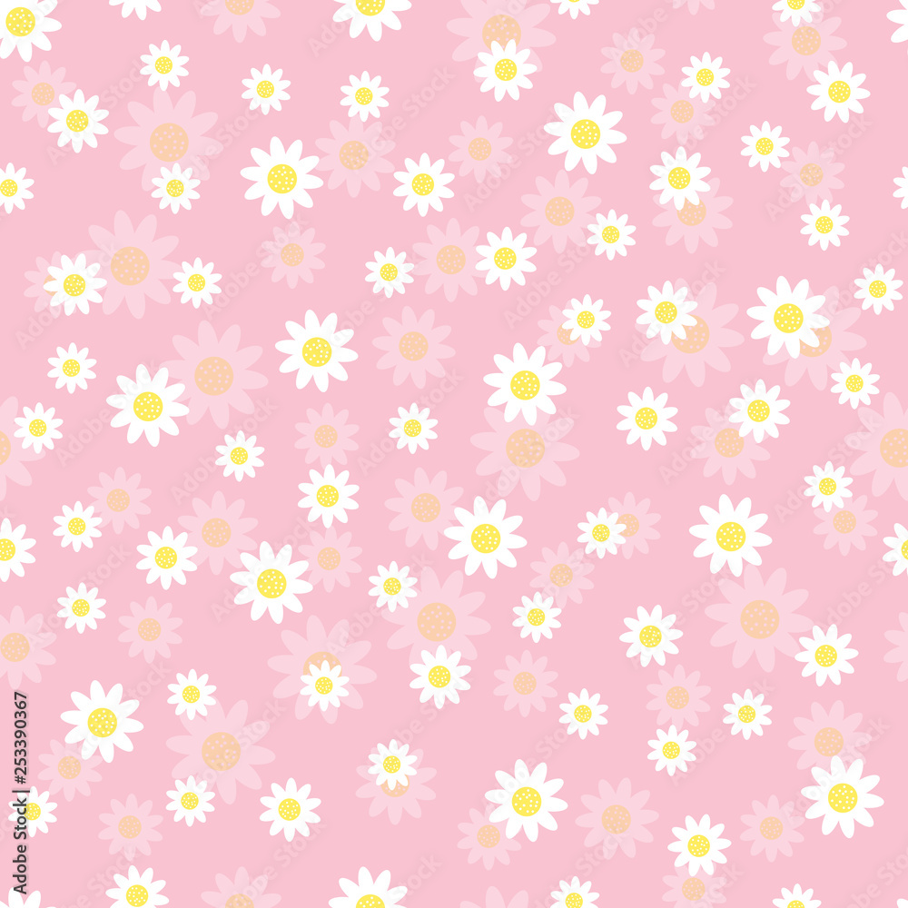 Daisies irregularly arranged on a red background. White flowers with shadows on pastel backdrop. Vector illustration of seamless repeating pattern. Cute design conception. Daisies irregularly arranged on a red background. White flowers with shadows on pastel backdrop. Vector illustration of seamless repeating pattern. Cute design conception.