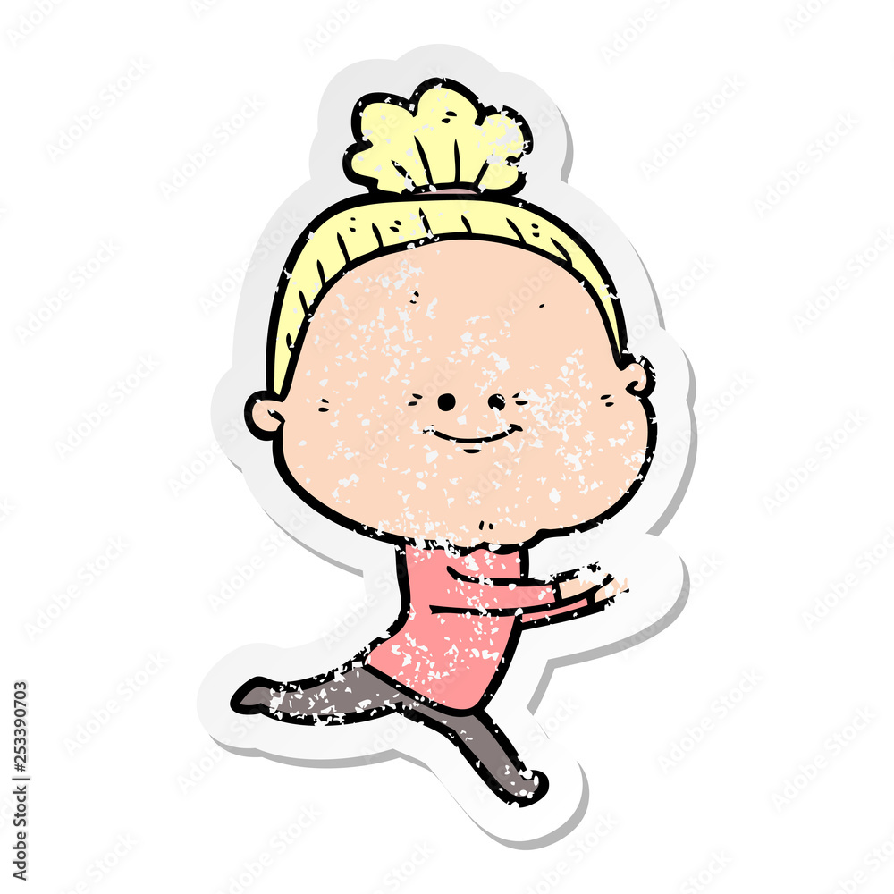 distressed sticker of a cartoon happy old woman distressed sticker of a cartoon happy old woman