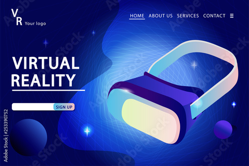 Virtual reality glasses on a Technology abstract Background. Landing page template. Vector illustration in modern flat style. 