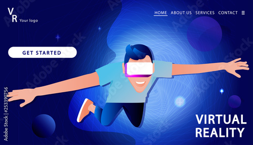 Flying man in virtual reality glasses on a Technology abstract Background. Landing page template. Vector illustration in modern flat style.