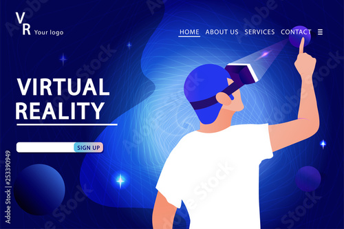 Man in virtual reality glasses on aTechnology Background. Landing page template. Vector illustration in modern flat style.