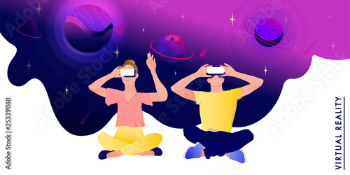 Couple in virtual reality glasses on a space abstract Background. Vector illustration in modern flat style.