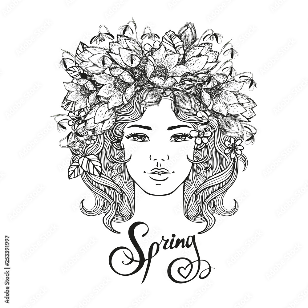 Black and white girl decorative hairstyle with flowers, leaves in hair in doodle style. Nature, ornate, floral illustration and hand sketched lettering Hallo summer. Zentangle hand drawn coloring book Black and white girl decorative hairstyle with flowers, leaves in hair in doodle style. Nature, ornate, floral illustration and hand sketched lettering Hallo summer. Zentangle hand drawn coloring book