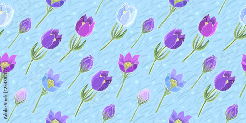 seamless pattern with hand-drawn anemones on blue background