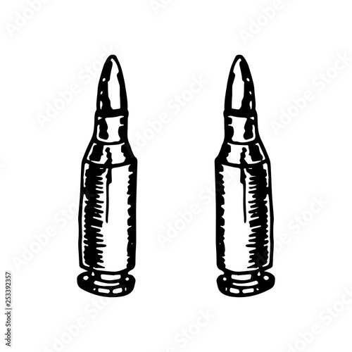 Hand Drawn bullet shot doodle. Sketch style icon. Military decoration element. Isolated on white background. Flat design. Vector illustration