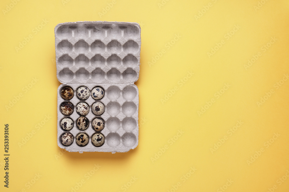 quail eggs in carton box on yellow background quail eggs in carton box on yellow background