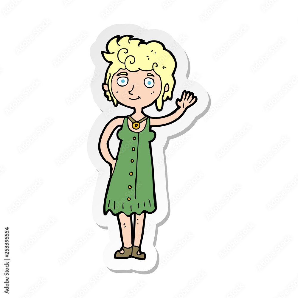 sticker of a cartoon hippie woman waving sticker of a cartoon hippie woman waving