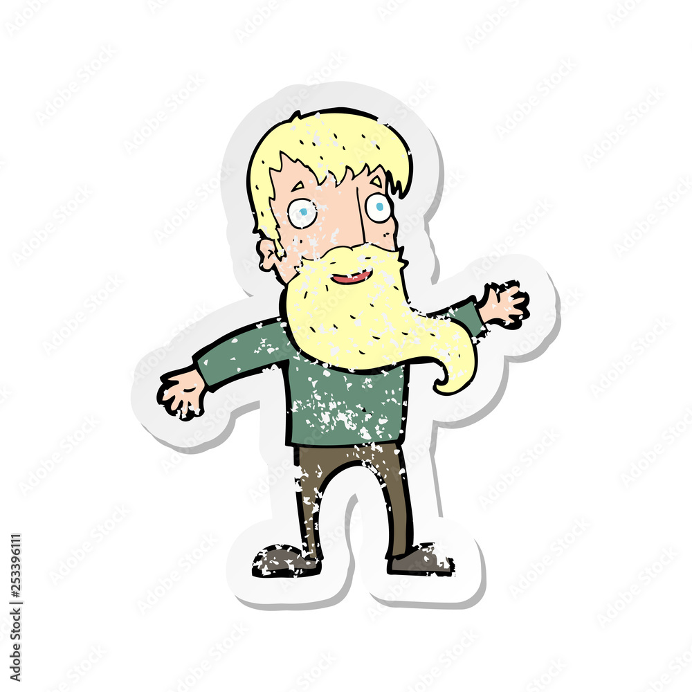 retro distressed sticker of a cartoon man with beard waving