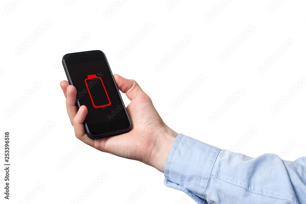 Close up man hands using smart phone battery low charged battery screen. White background Close up man hands using smart phone battery low charged battery screen. White background