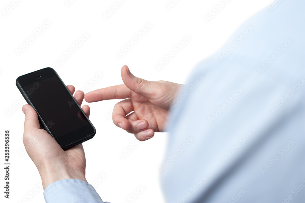 close-up hand touching smartphone screen isolated on white, mock up phone mobile blank screen easy adjustment with clipping path close-up hand touching smartphone screen isolated on white, mock up phone mobile blank screen easy adjustment with clipping path