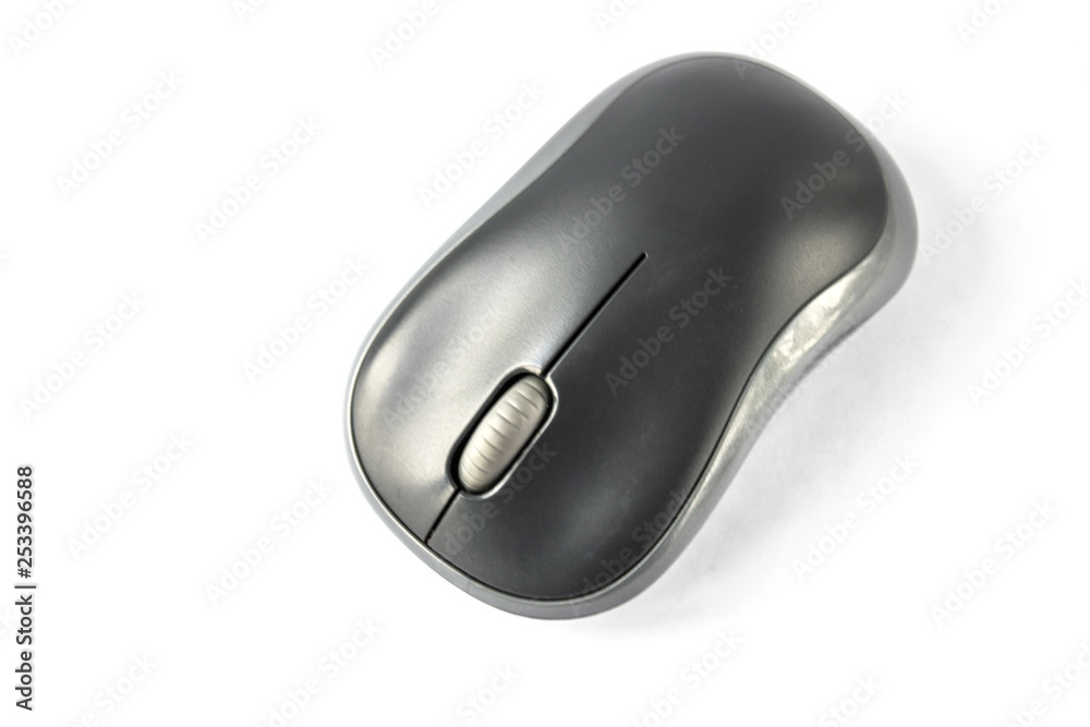Black mouse for computer on a white background close-up. Black mouse for computer on a white background close-up.
