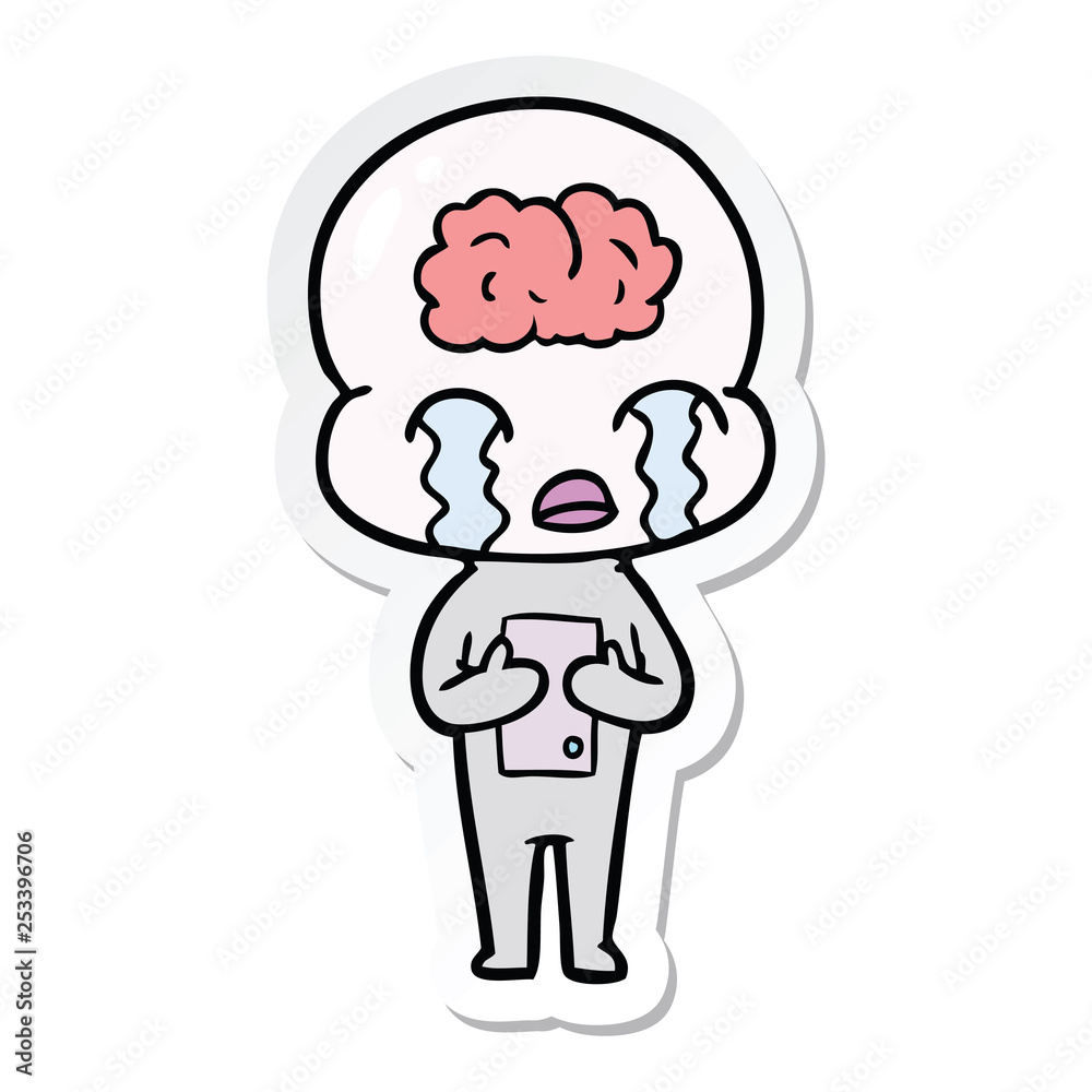 sticker of a cartoon big brain alien crying sticker of a cartoon big brain alien crying