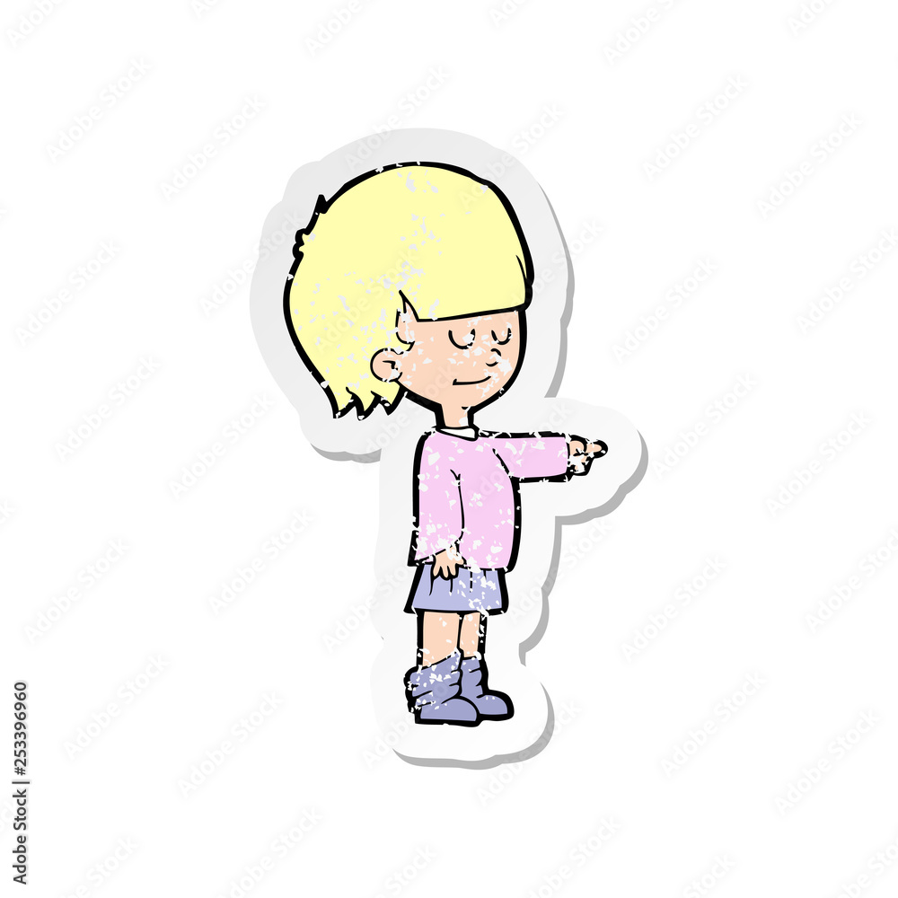 retro distressed sticker of a cartoon girl pointing retro distressed sticker of a cartoon girl pointing