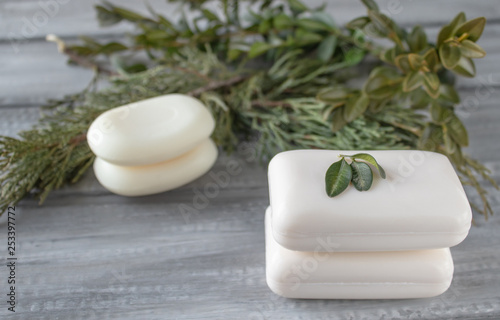 Closeup of white soap on a wooden table with green branches.