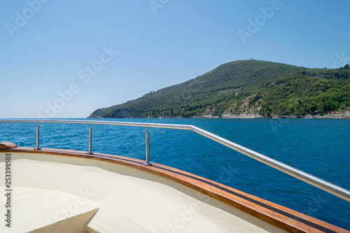 Boat into the blue Mediterranean sea