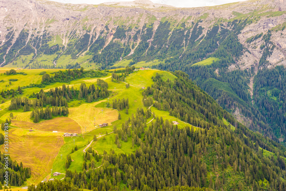 Obraz premium Alpe di Siusi, Seiser Alm with Sassolungo Langkofel Dolomite, a large green field with a mountain in the background