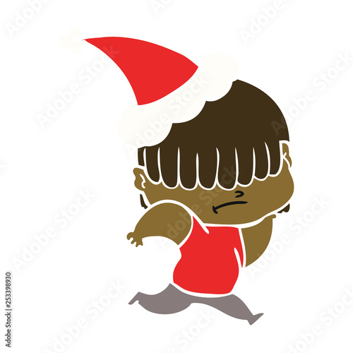flat color illustration of a boy with untidy hair wearing santa hat