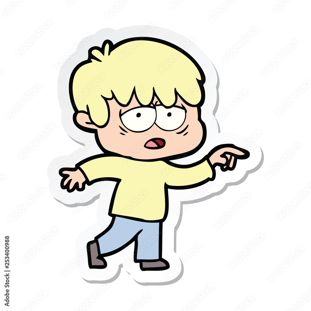 sticker of a cartoon exhausted boy sticker of a cartoon exhausted boy