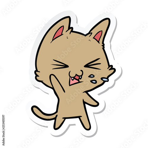 sticker of a cartoon cat hissing