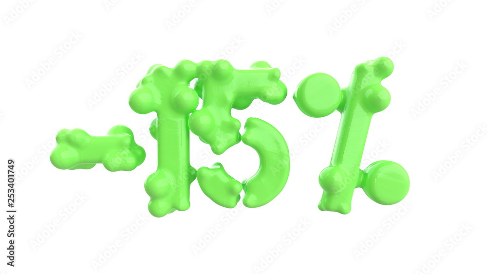 The sign -15off. Made of trendy fresh green matte metal material isolate on white background. 3d illustration The sign -15off. Made of trendy fresh green matte metal material isolate on white background. 3d illustration
