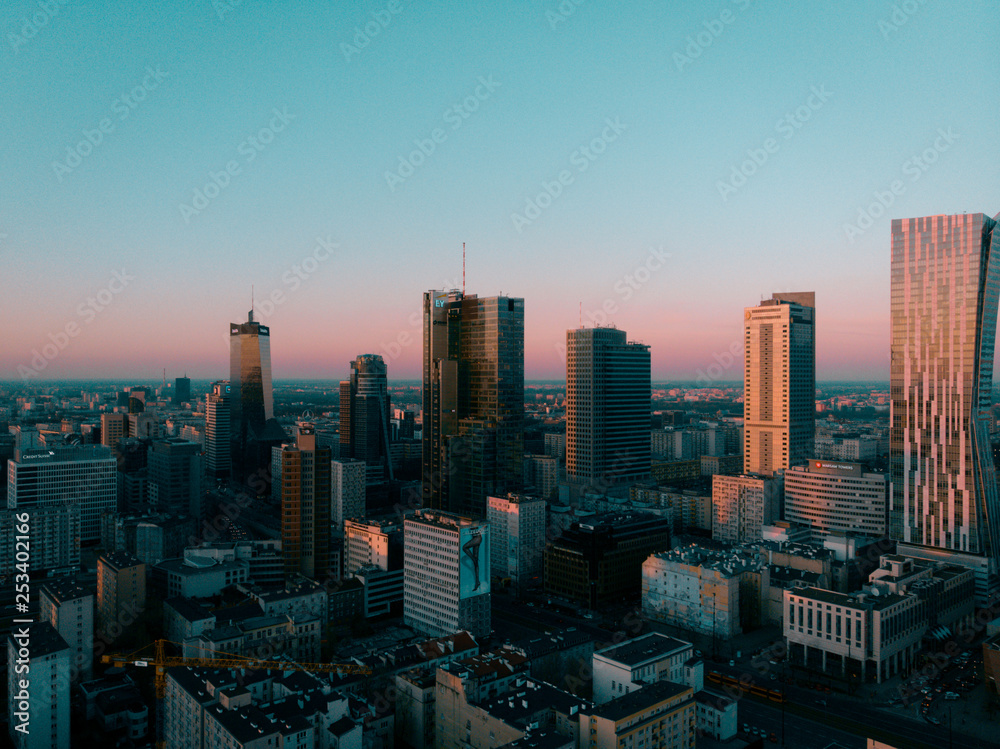 Obraz premium Warsaw, Poland / 02.03.2019 Skyline Sunrise Aerial Drone Sunset Shot Downtown