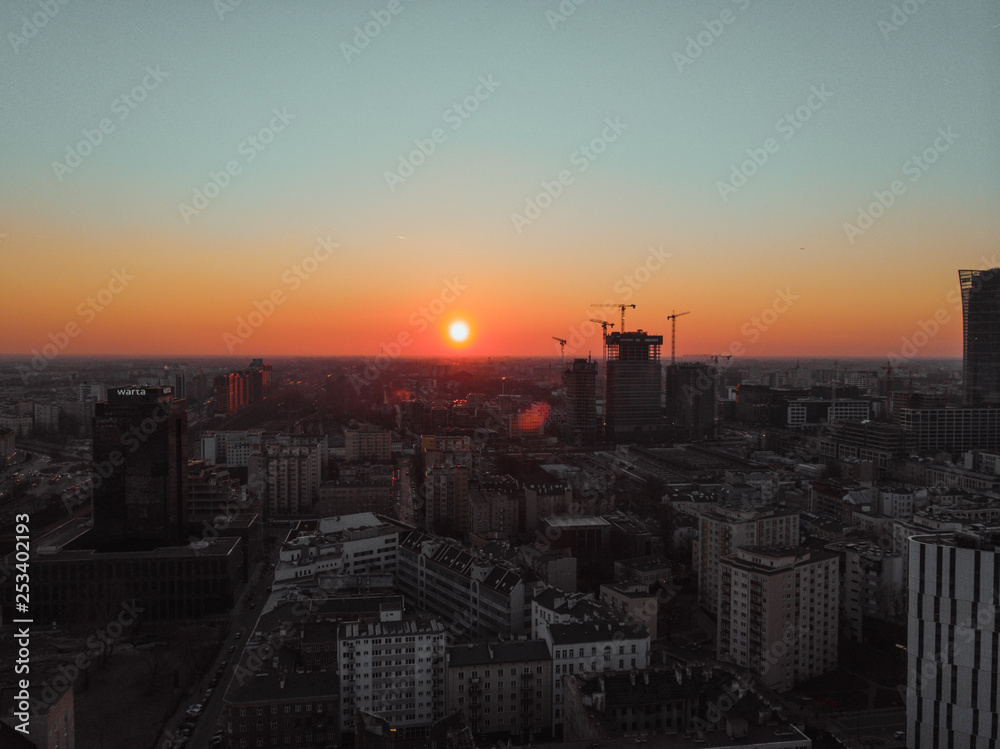 Warsaw, Poland / 02.03.2019 Skyline Sunrise Aerial Drone Sunset Shot Downtown