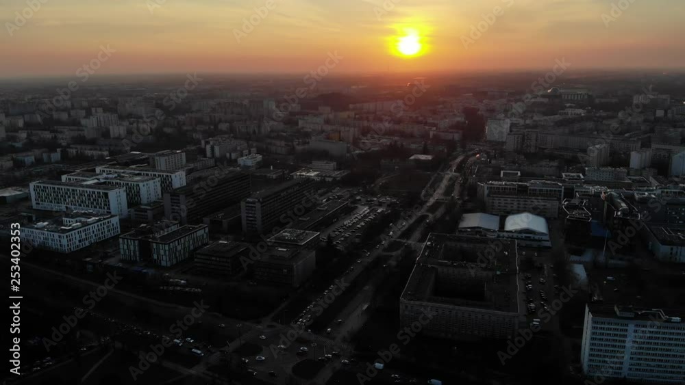 Warsaw, Poland / 02.03.2019 Skyline Sunrise Aerial Drone Sunset Shot Downtown Warsaw, Poland / 02.03.2019 Skyline Sunrise Aerial Drone Sunset Shot Downtown