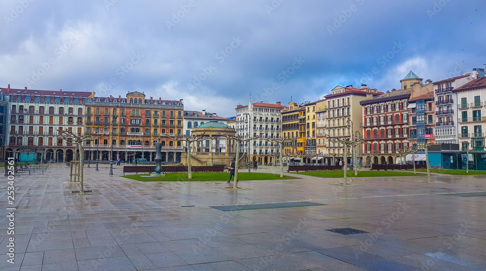 Plaza del Castillo of Pamplona side image in which you can see the buildings that form it and the contral kiosk. without just people