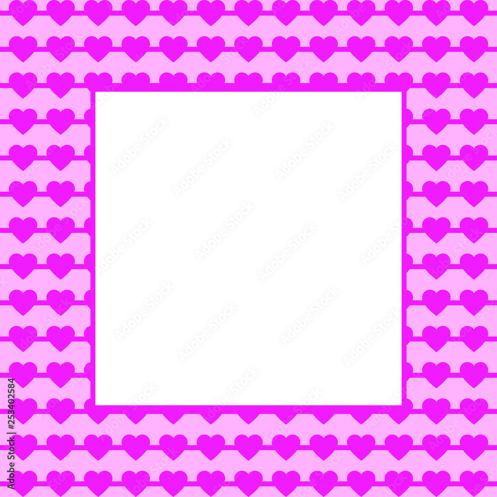 Pink Hearts illustration with frame for text. Valentine's day and Mother's day, women's day greeting card with border - pink, red colors. Banner, invitation or label