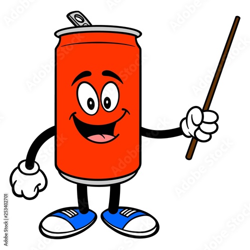 Soda Can Mascot with a Pointer - A vector cartoon illustration of a Soda can mascot holding a Pointer stick.