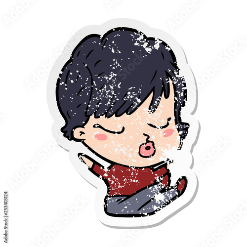 distressed sticker of a cartoon woman with eyes shut