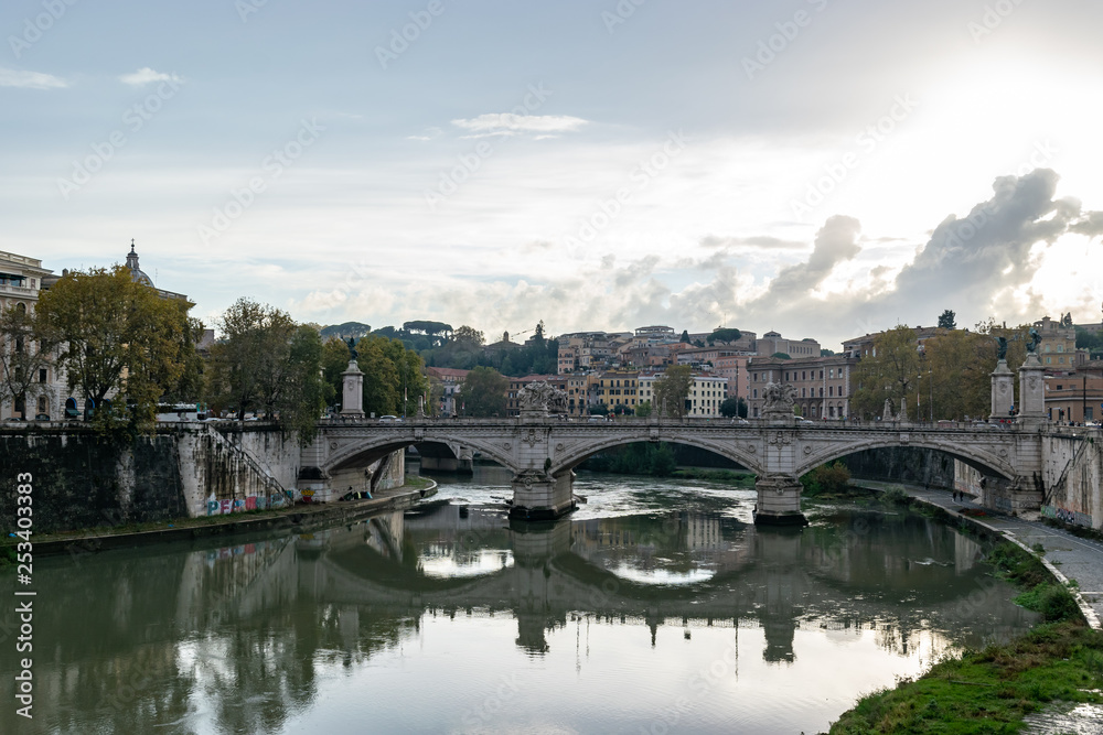 Ponte (Bridge) Vittorio Emanuele II a famous bridge in Rome across the Tiber, with four sculptures symbolizing the Defeat of Oppression, the Unity of Italy, the Allegiance to the Statute, and Liberty.