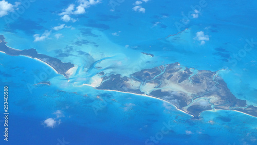 Aerial view of Bahamas coastline on a sunny day
