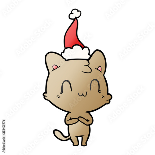 gradient cartoon of a happy cat wearing santa hat © lineartestpilot