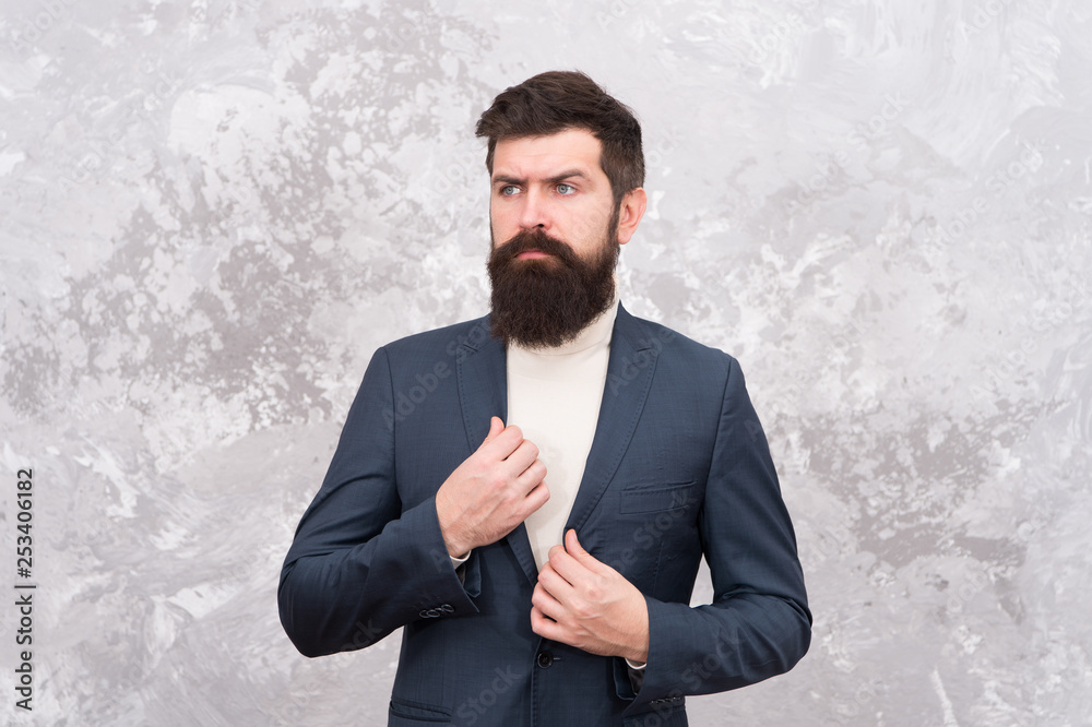 Menswear and fashion concept. Guy brutal fashion model. Business people fashion  style. Formal clothes for office. Confident and successful. Man handsome  bearded businessman wear luxury formal suit Stock Photo | Adobe Stock