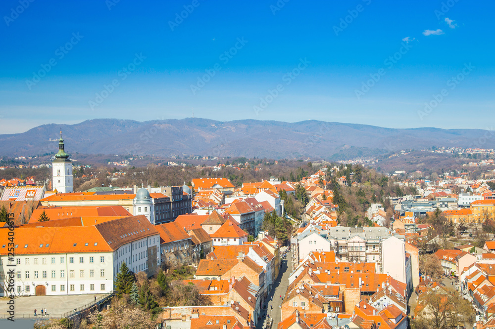 Aerial view of historic upper town and Tkalciceva street in Zagreb, capital of Croatia