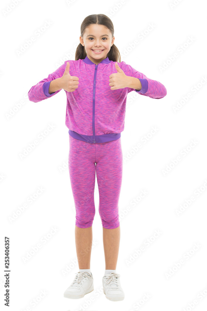 Stay comfortable with long hair during sport classes. Deal with long hair while sport exercising. Working out with long hair. Girl cute kid with ponytails wear sport costume isolated on white Stay comfortable with long hair during sport classes. Deal with long hair while sport exercising. Working out with long hair. Girl cute kid with ponytails wear sport costume isolated on white