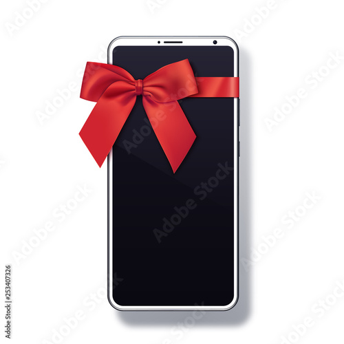 White smartphone with bow isolated on white background. Cell phone gift design. Mobile phone template. Vector illustration