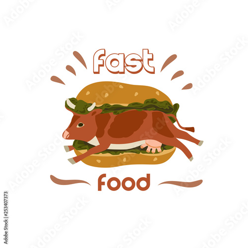 Fast food of animal origin. Burger with beef and lettuce. Protest of vegetarianism. Animal protection concept. Flat vector illustration with text.
