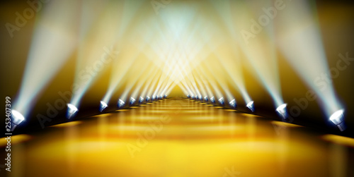 Stage podium during the show. Golden carpet. Fashion runway. Vector illustration.