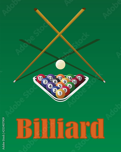 Billiard cue and pool balls in triangle on green table