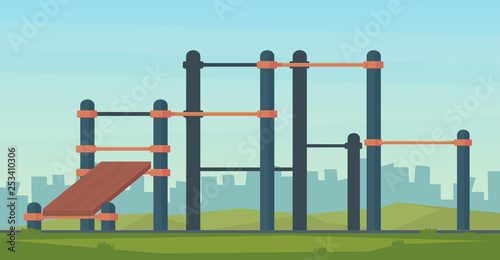 Summer street workout park for fitness and strength training. City sport place. Element and equipment for urban outdoor training. Flat style illustration