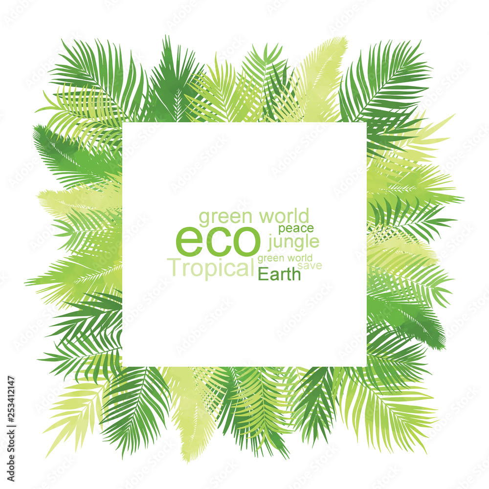 Fototapeta premium Bright green tropical palm frame, classic and universal for cards, invitations and web design