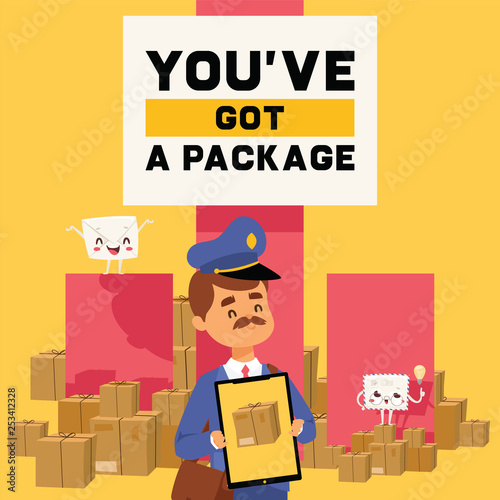 Postman vector mailman delivers mails in postbox or mailbox and post people character carries mailed letters in letterbox illustration backdrop postal delivery service background