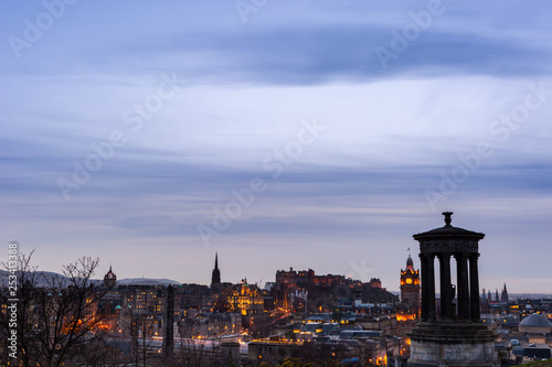 Evening Edinburgh view from Calton hill with it's old town and the medieval Castle, Scotland