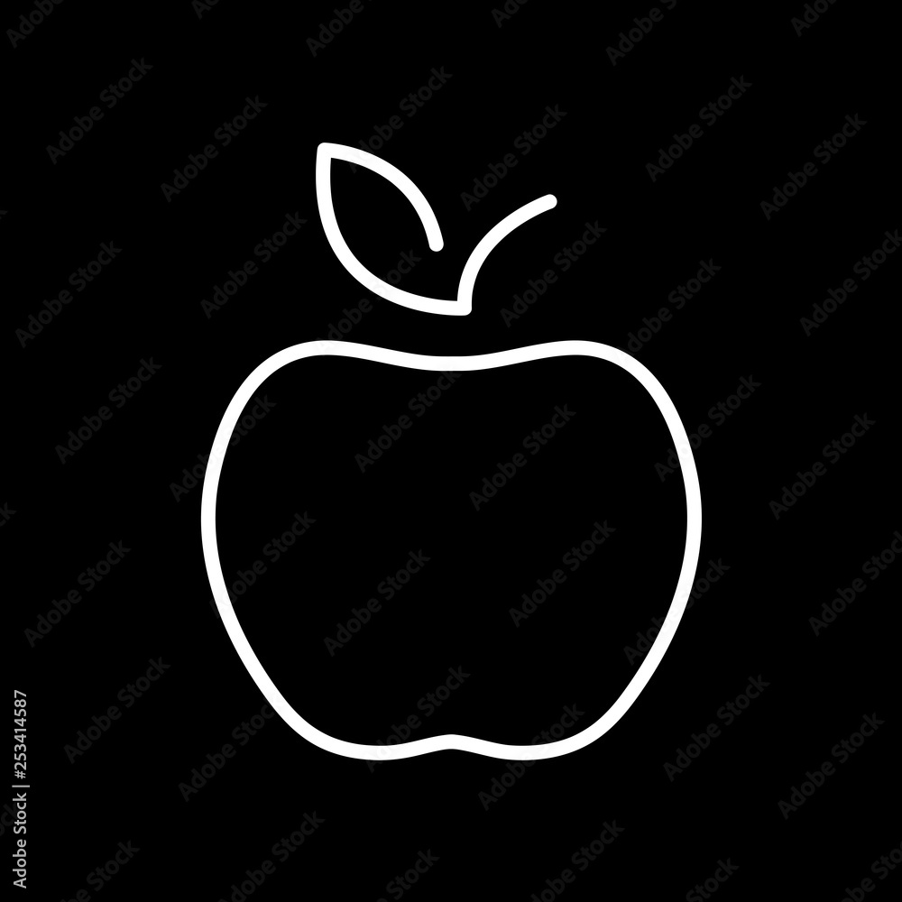 Flat line monochrome apple illustration for web sites and apps. Minimal simple black and white apple illustration. Isolated vector white apple illustration on black background. Flat line monochrome apple illustration for web sites and apps. Minimal simple black and white apple illustration. Isolated vector white apple illustration on black background.