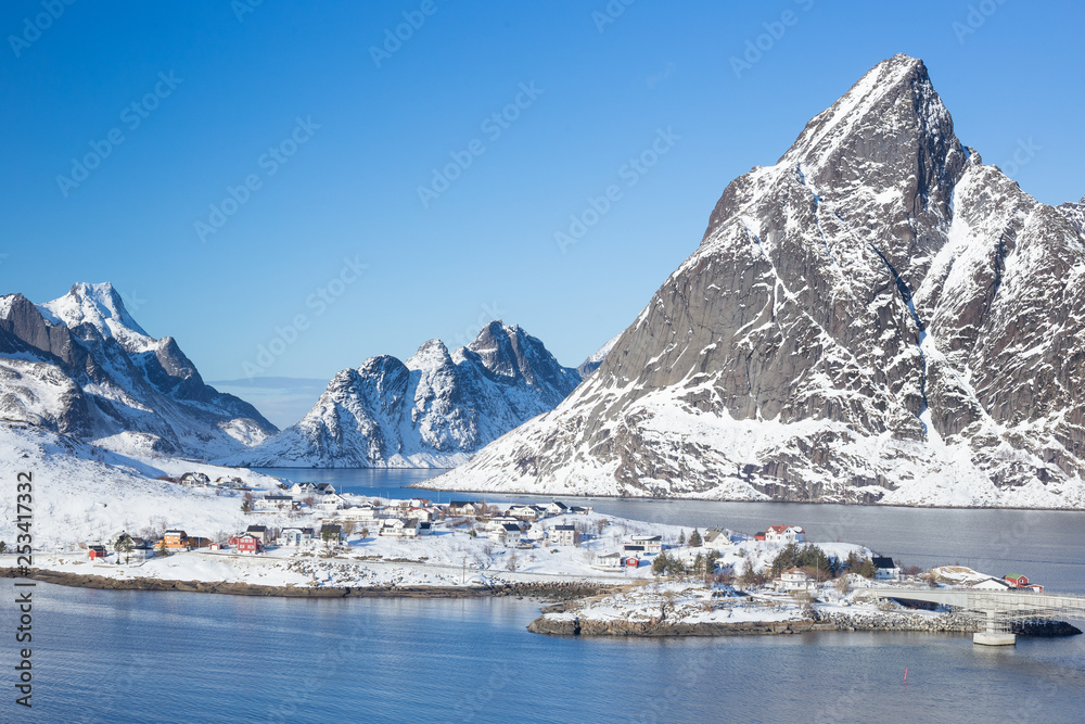 Little fishing village Sakrisoy on Lofoten islands during a beautiful winter day