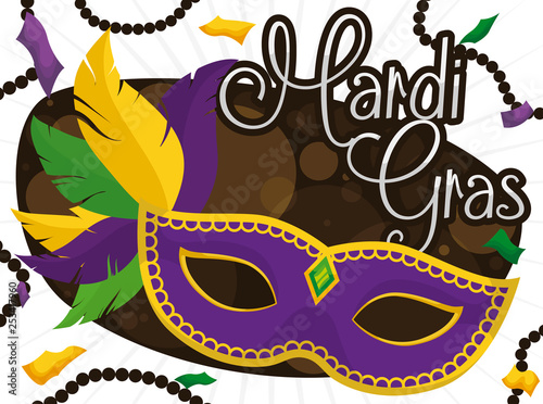 Mask with Feathers, Sign and Confetti to Celebrate Mardi Gras, Vector Illustration